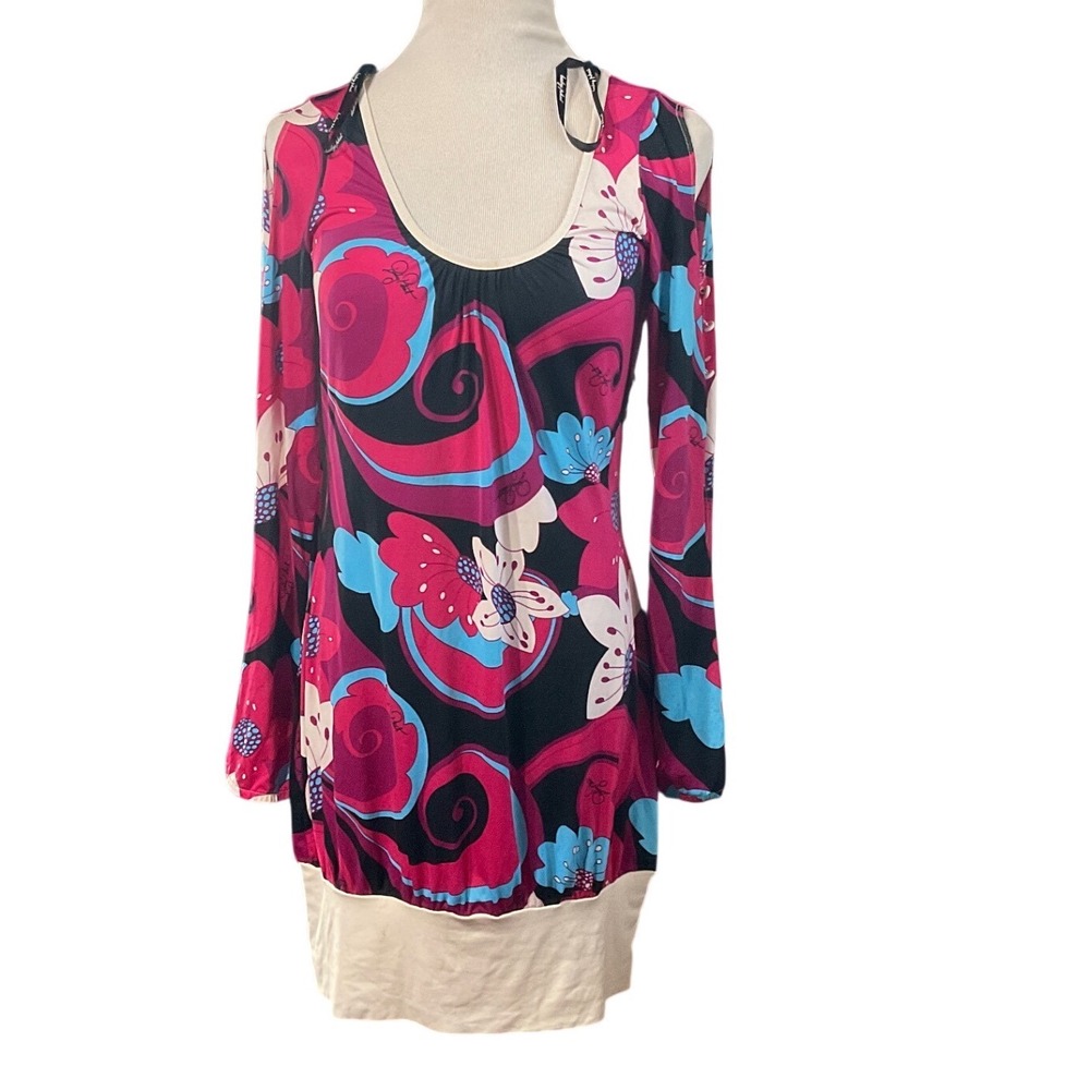 VTG Baby Phat Floral Swirl Cold Shoulder Tunic Dress‎ Womens Large Pink Blue Y2K